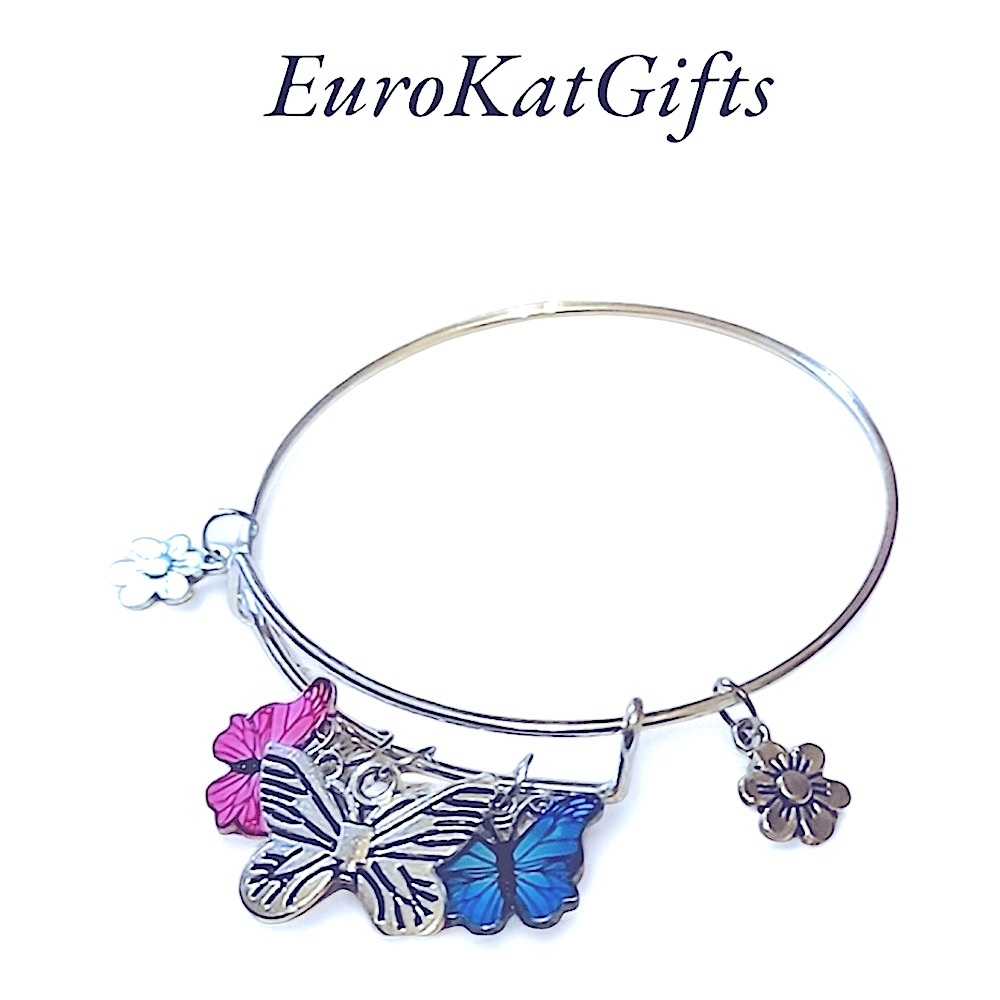 Hand Crafted Silver Butterfly Bangle Bracelet Butterflie and Flower charms NEW